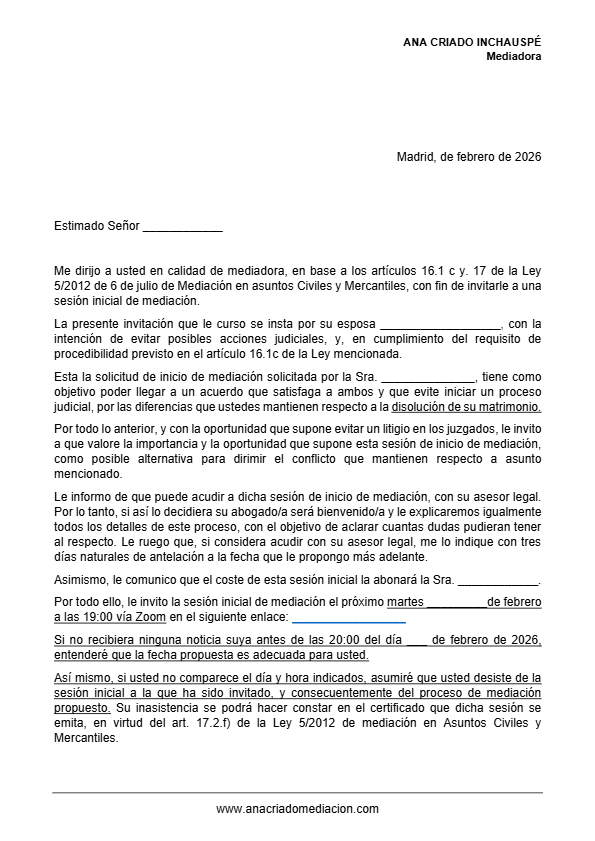 Tema 6 Sesión 2 / Invitación Sesión inicial de mediación / Ana Criado