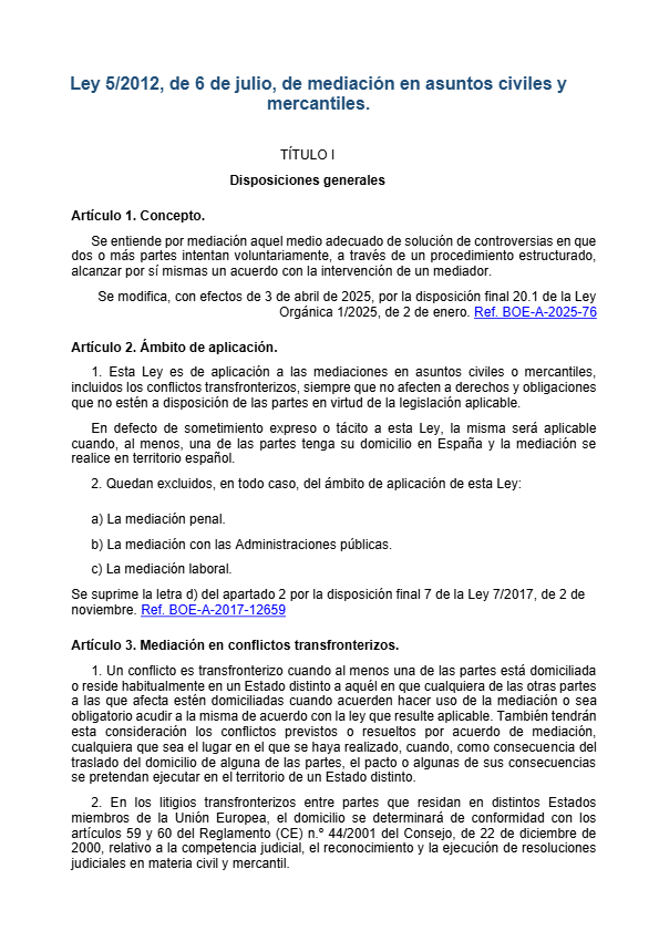Tema 6 Sesión 2 / Ley 5 2012 de mediación en asuntos civiles y mercantiles actualizada a la Ley 1-20205 / Ana Criado